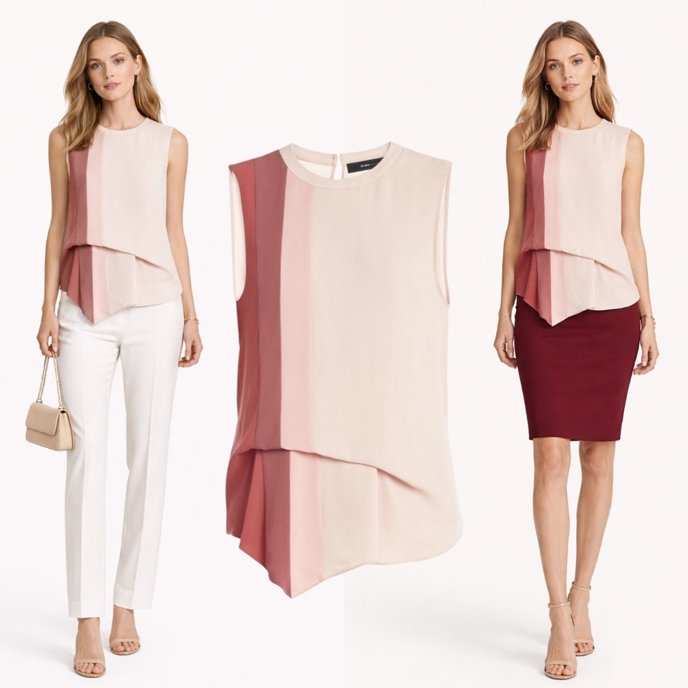 BCBGMAXAZRIA ColorBlock Draped Blouse Top Career Formal Maroon Beige Modern XXS - Picture 1 of 7
